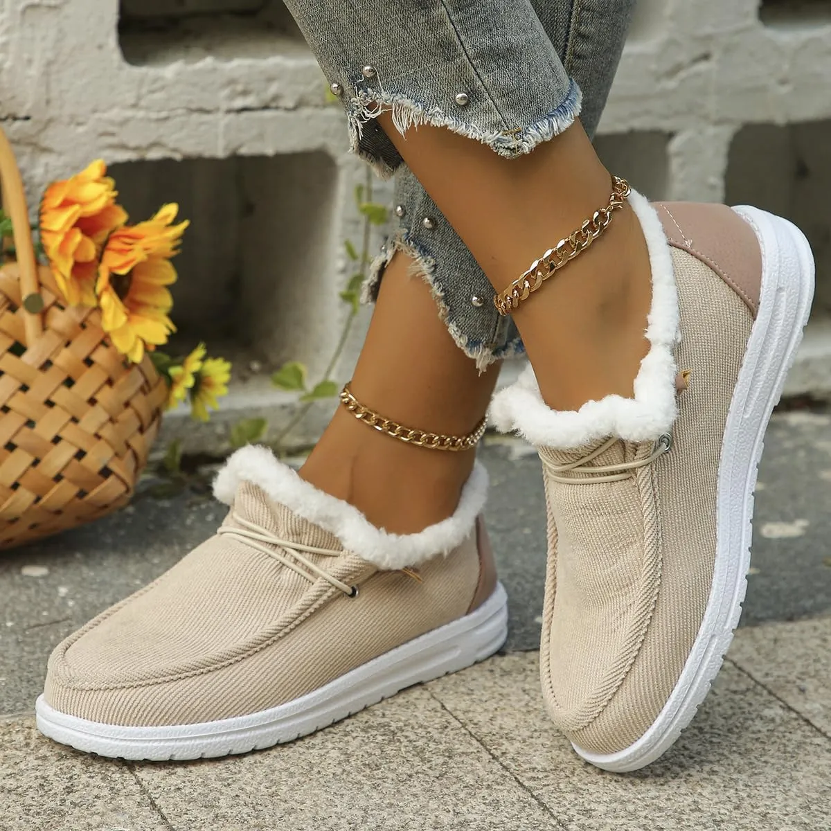Women's Warm Lace up Loafers Casual Cozy Flat Slip on Wide Width Shoes Non-Slip Lightweight Canvas Driving Walking Shoes