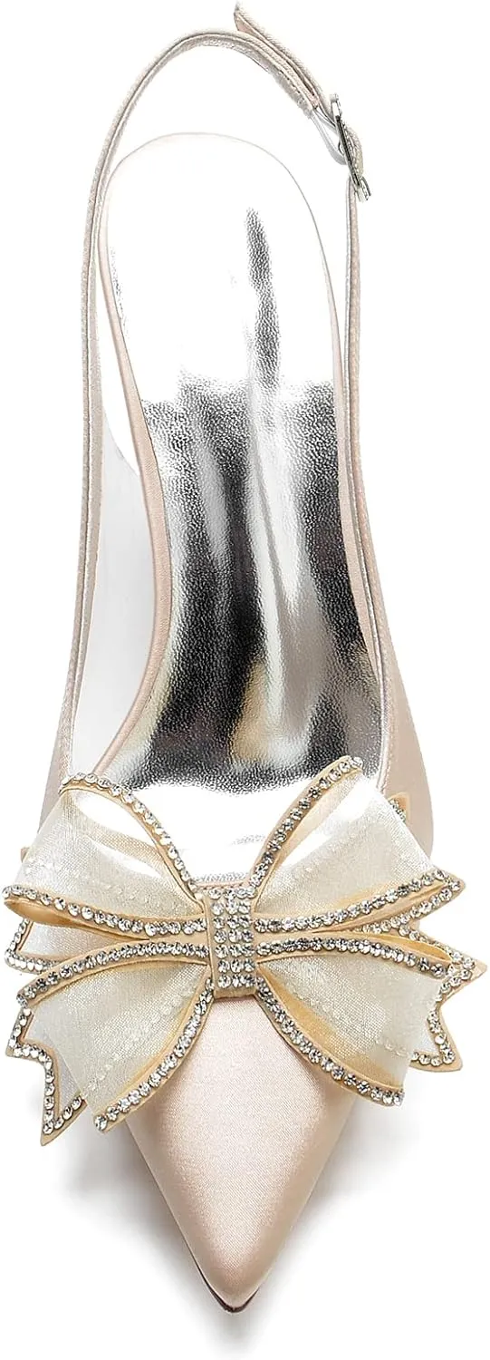 Women's Wedding Bridal Dress Shoes Satin High Heels Pointed Toe with Bow Beaded Pumps Formal Evening Prom Party Closed Toe Sandals