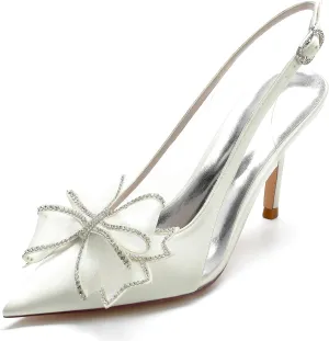 Women's Wedding Bridal Dress Shoes Satin High Heels Pointed Toe with Bow Beaded Pumps Formal Evening Prom Party Closed Toe Sandals