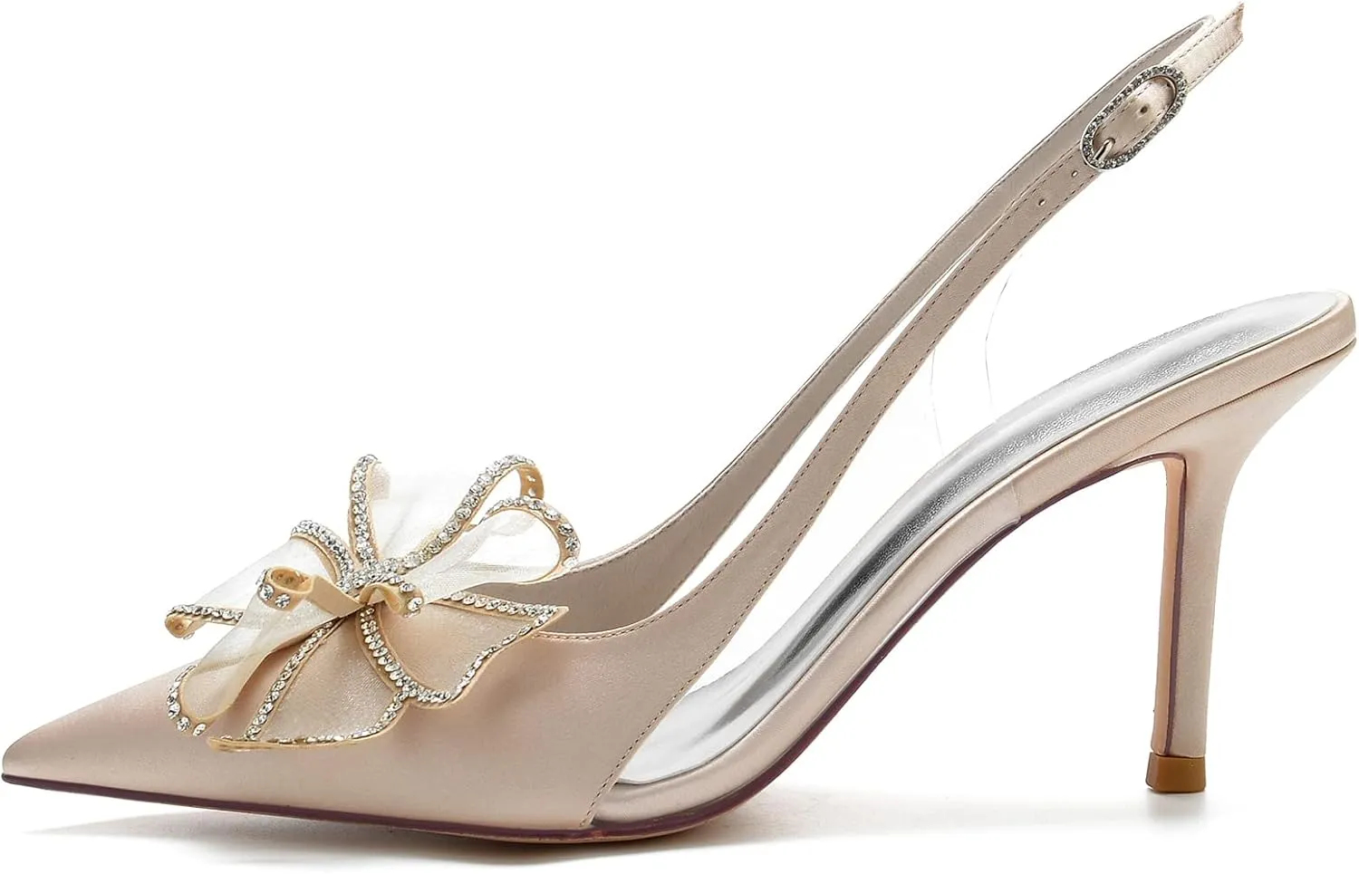 Women's Wedding Bridal Dress Shoes Satin High Heels Pointed Toe with Bow Beaded Pumps Formal Evening Prom Party Closed Toe Sandals