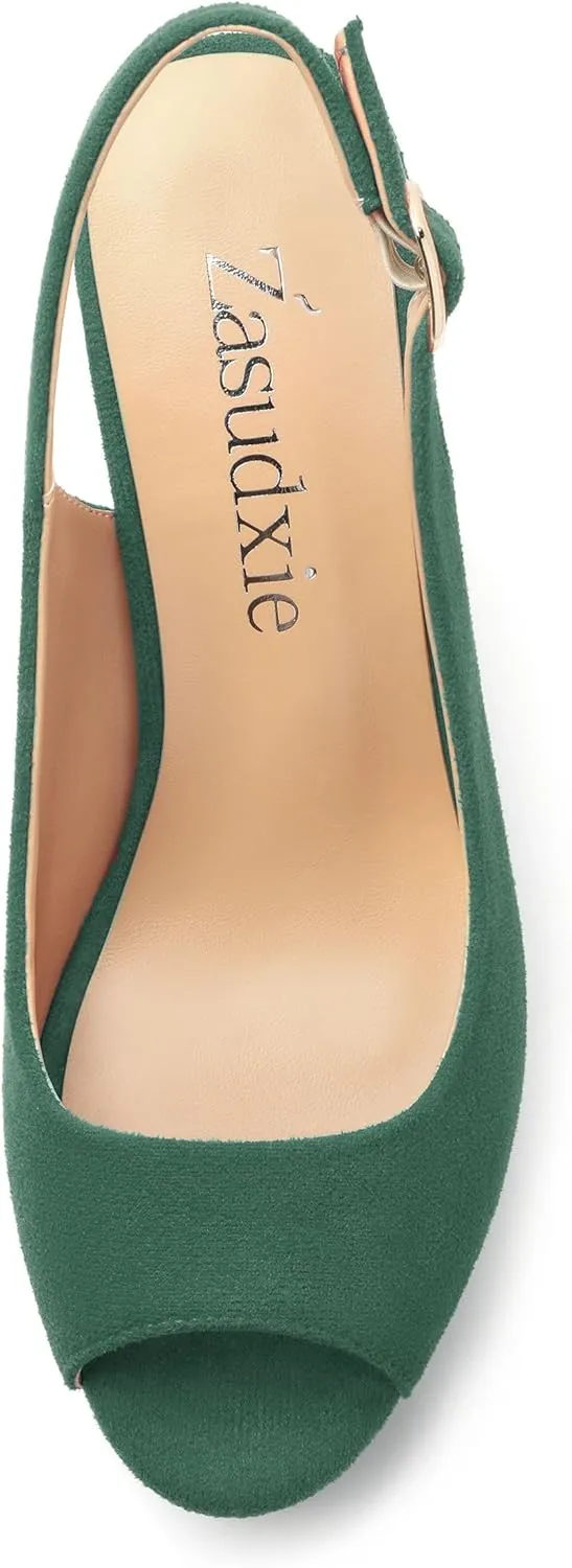 Womens Wedge Platform Sandals Peep Open Toe Slingback Buckle High Heel Dress Shoes Pumps Suede 3.94 Inch