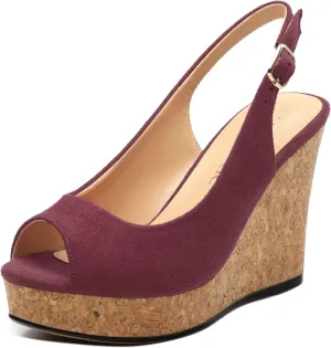 Womens Wedge Platform Sandals Peep Open Toe Slingback Buckle High Heel Dress Shoes Pumps Suede 3.94 Inch