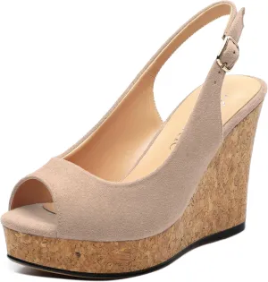 Womens Wedge Platform Sandals Peep Open Toe Slingback Buckle High Heel Dress Shoes Pumps Suede 3.94 Inch