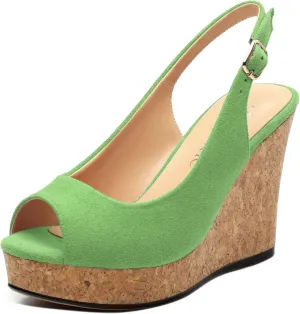 Womens Wedge Platform Sandals Peep Open Toe Slingback Buckle High Heel Dress Shoes Pumps Suede 3.94 Inch