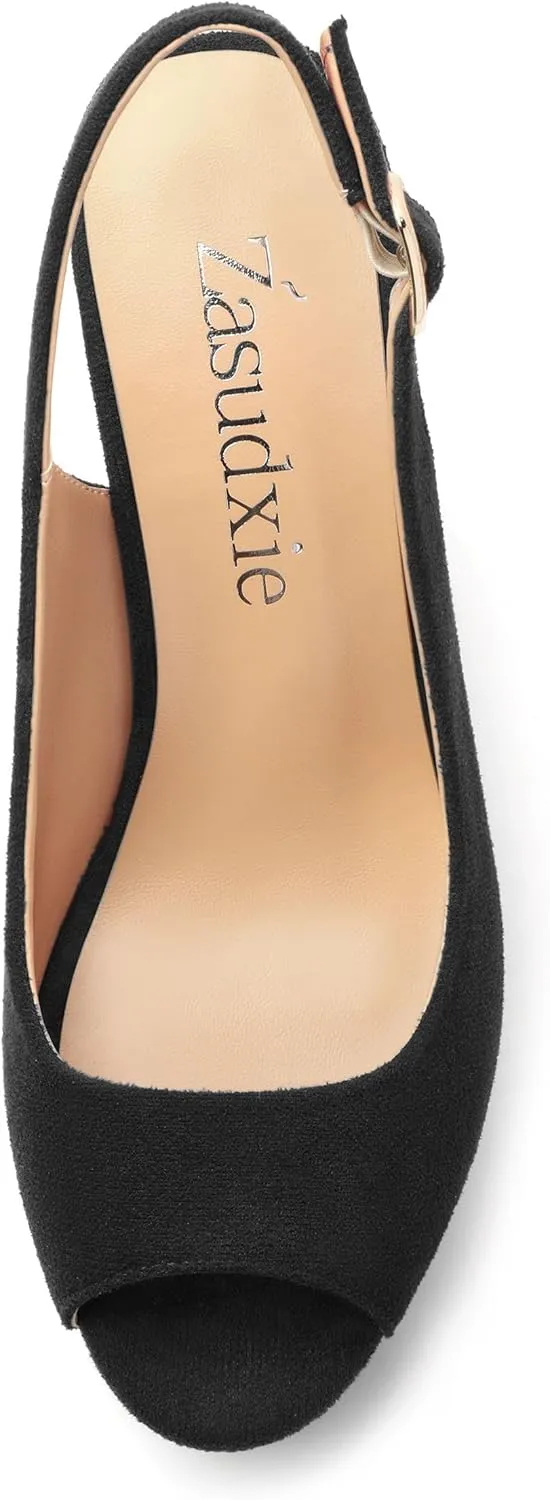 Womens Wedge Platform Sandals Peep Open Toe Slingback Buckle High Heel Dress Shoes Pumps Suede 3.94 Inch