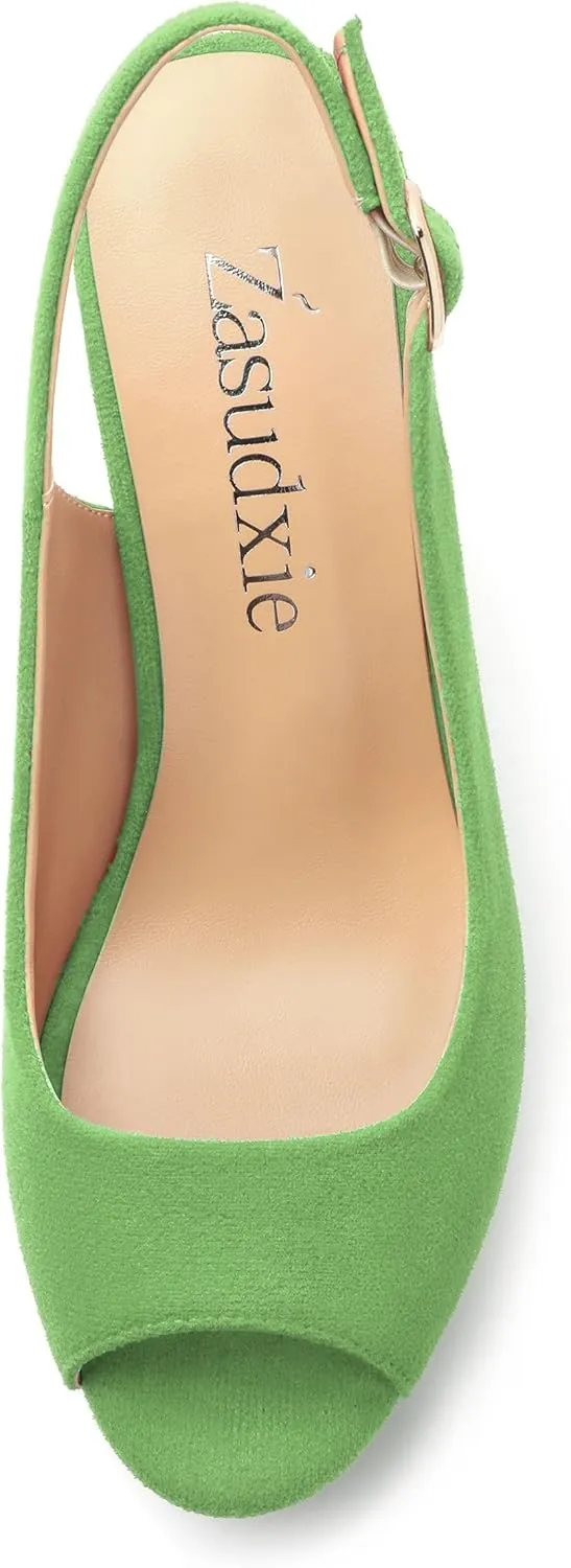Womens Wedge Platform Sandals Peep Open Toe Slingback Buckle High Heel Dress Shoes Pumps Suede 3.94 Inch