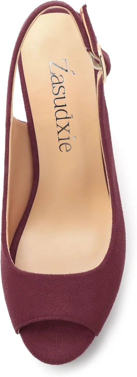 Womens Wedge Platform Sandals Peep Open Toe Slingback Buckle High Heel Dress Shoes Pumps Suede 3.94 Inch