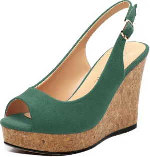 Womens Wedge Platform Sandals Peep Open Toe Slingback Buckle High Heel Dress Shoes Pumps Suede 3.94 Inch