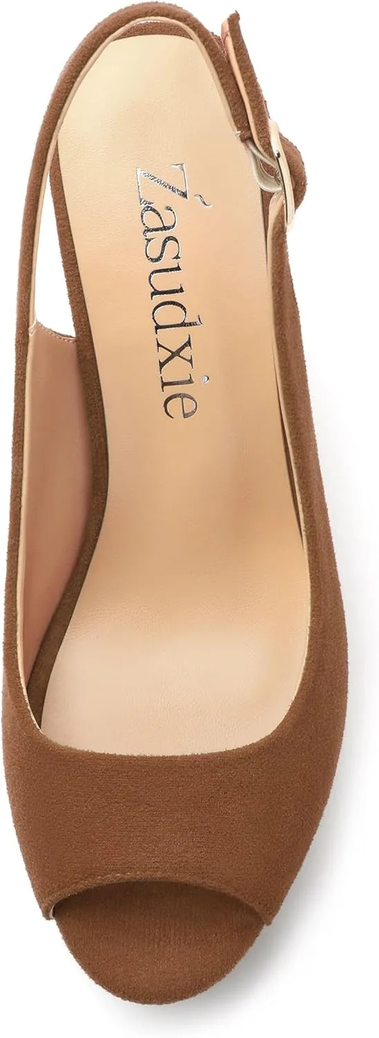 Womens Wedge Platform Sandals Peep Open Toe Slingback Buckle High Heel Dress Shoes Pumps Suede 3.94 Inch