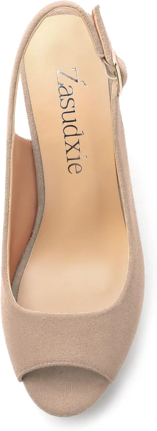 Womens Wedge Platform Sandals Peep Open Toe Slingback Buckle High Heel Dress Shoes Pumps Suede 3.94 Inch