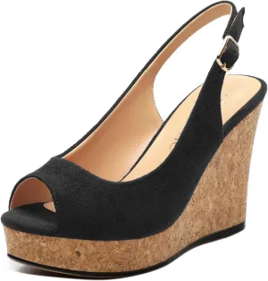 Womens Wedge Platform Sandals Peep Open Toe Slingback Buckle High Heel Dress Shoes Pumps Suede 3.94 Inch