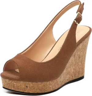 Womens Wedge Platform Sandals Peep Open Toe Slingback Buckle High Heel Dress Shoes Pumps Suede 3.94 Inch