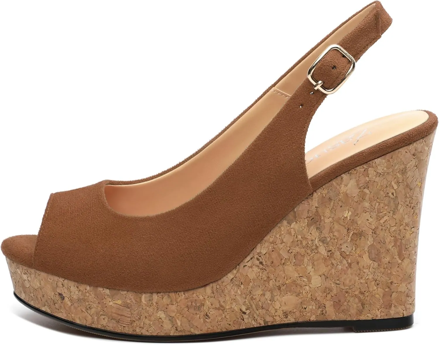 Womens Wedge Platform Sandals Peep Open Toe Slingback Buckle High Heel Dress Shoes Pumps Suede 3.94 Inch