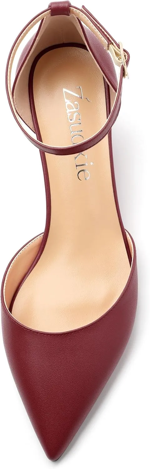 Womens Wedge Pumps, Pointed Toe Low Heel Wedges with Ankle Strap for Evening Party Dress Casual 2 Inch
