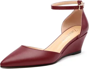 Womens Wedge Pumps, Pointed Toe Low Heel Wedges with Ankle Strap for Evening Party Dress Casual 2 Inch