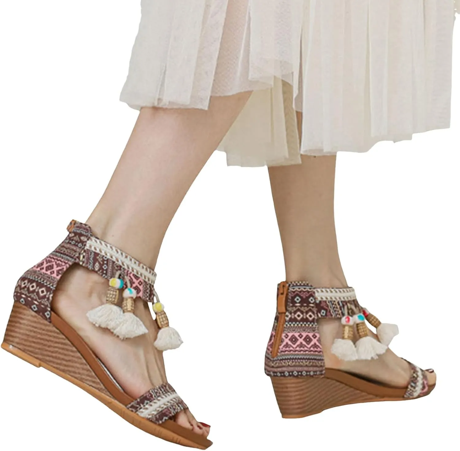 Women's White Sandals, Summer Mules, Comfortable, Roman Trendy Beach Comfortable Elegant Sandals with Rhinestones, Shoes, Wedge Heel