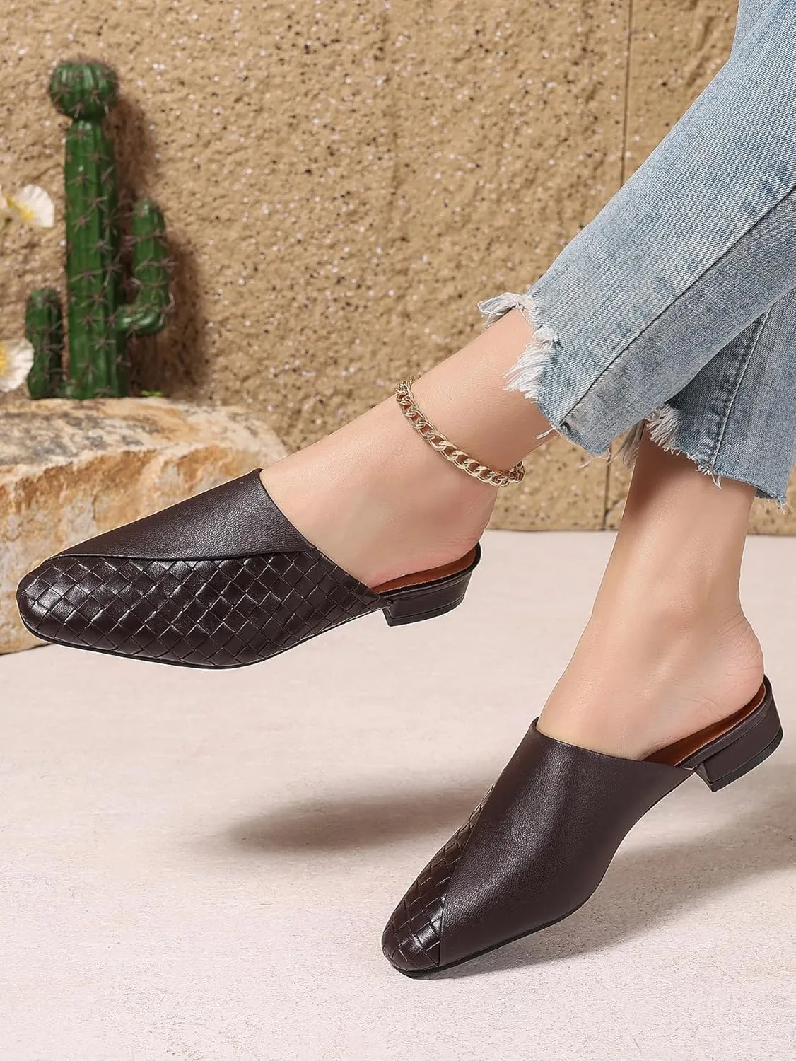 Women's Woven Mules Patchwork Ladies Trendy Low Heel Slip-On Shoes Comfortable Summer Casual Slides for Women