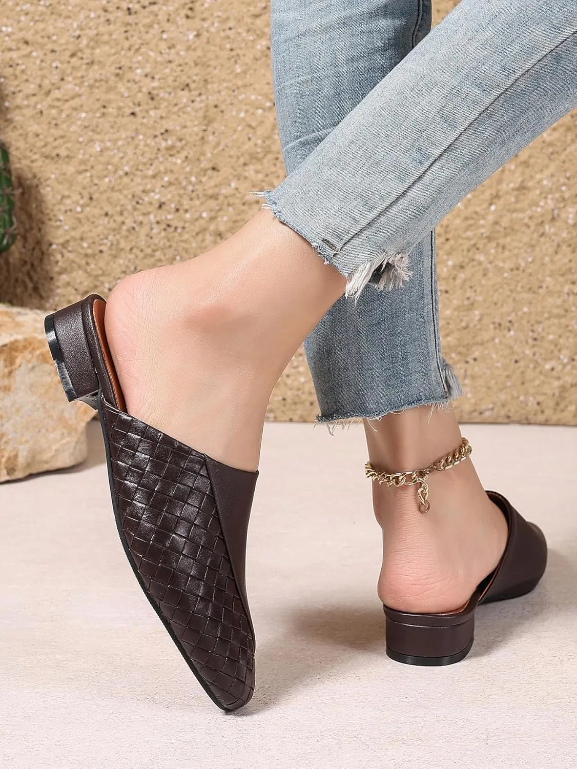 Women's Woven Mules Patchwork Ladies Trendy Low Heel Slip-On Shoes Comfortable Summer Casual Slides for Women