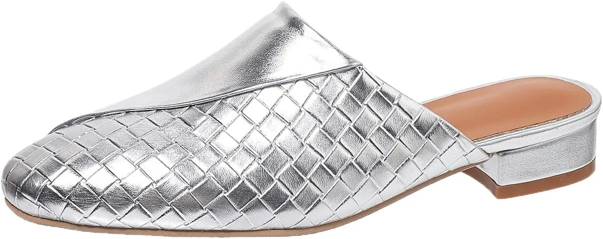 Women's Woven Mules Patchwork Ladies Trendy Low Heel Slip-On Shoes Comfortable Summer Casual Slides for Women