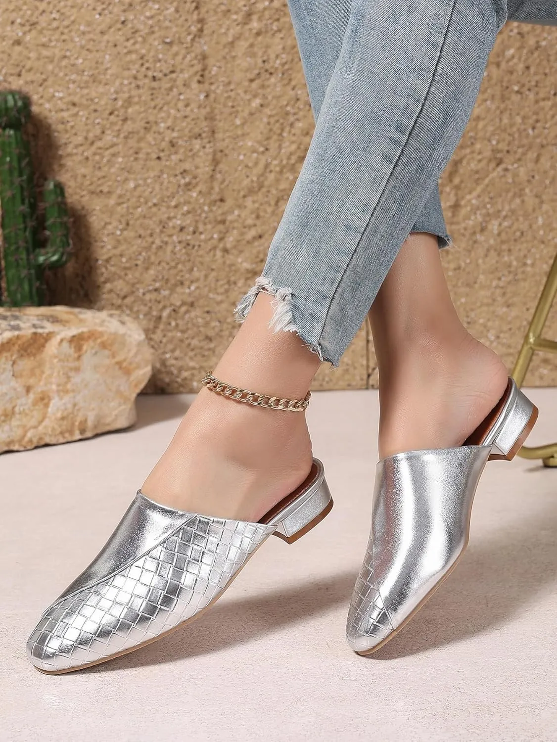 Women's Woven Mules Patchwork Ladies Trendy Low Heel Slip-On Shoes Comfortable Summer Casual Slides for Women