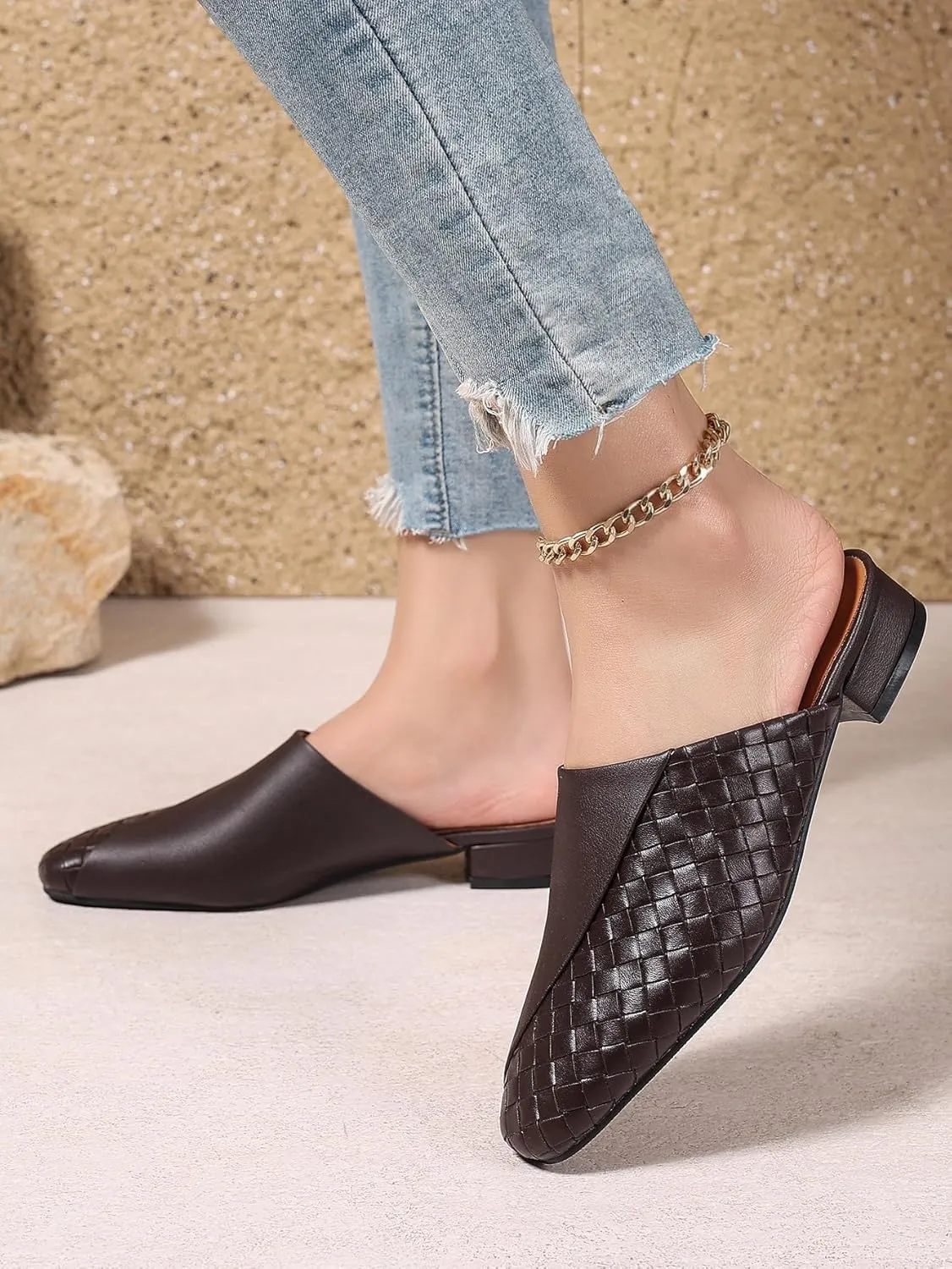 Women's Woven Mules Patchwork Ladies Trendy Low Heel Slip-On Shoes Comfortable Summer Casual Slides for Women
