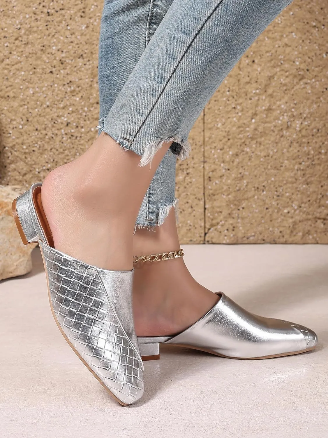 Women's Woven Mules Patchwork Ladies Trendy Low Heel Slip-On Shoes Comfortable Summer Casual Slides for Women