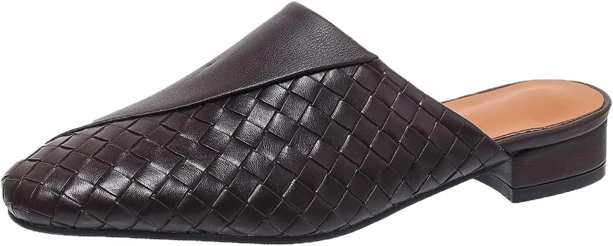 Women's Woven Mules Patchwork Ladies Trendy Low Heel Slip-On Shoes Comfortable Summer Casual Slides for Women
