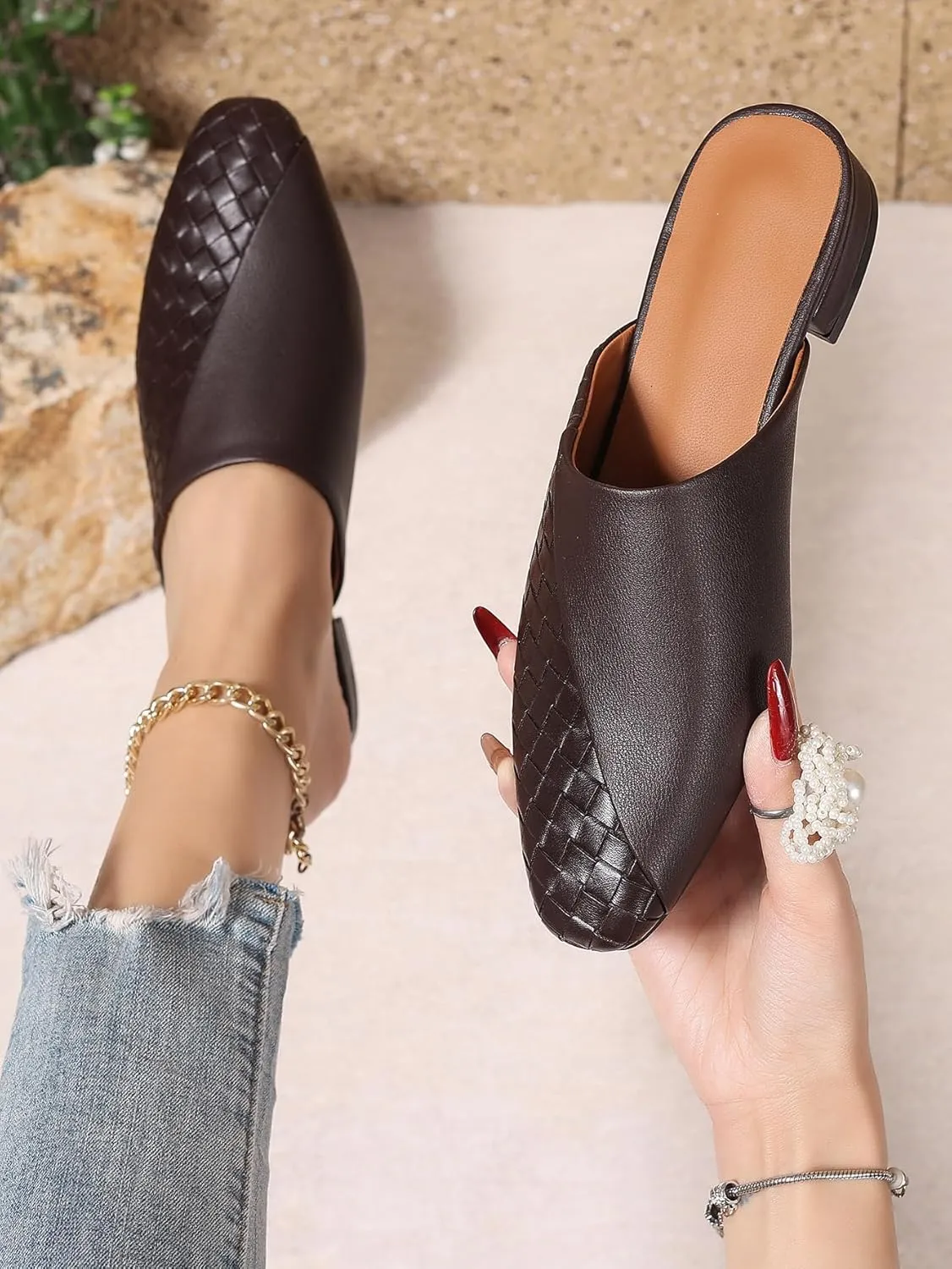 Women's Woven Mules Patchwork Ladies Trendy Low Heel Slip-On Shoes Comfortable Summer Casual Slides for Women