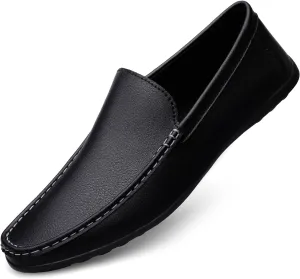 WOUND Mens Loafers Round Toe Vegan Leather Solid Color Slip Resistant Flexible Anti-Slip Outdoor Casual Slip-ons (Color : Black, Size : 7.5)