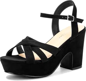 WSKEISP Women's Platform Heels Sandals Ankle Strap Block Chunky Heel Suede Peep Toe Fashion Dress Wedding High Heeled Wedges Pumps