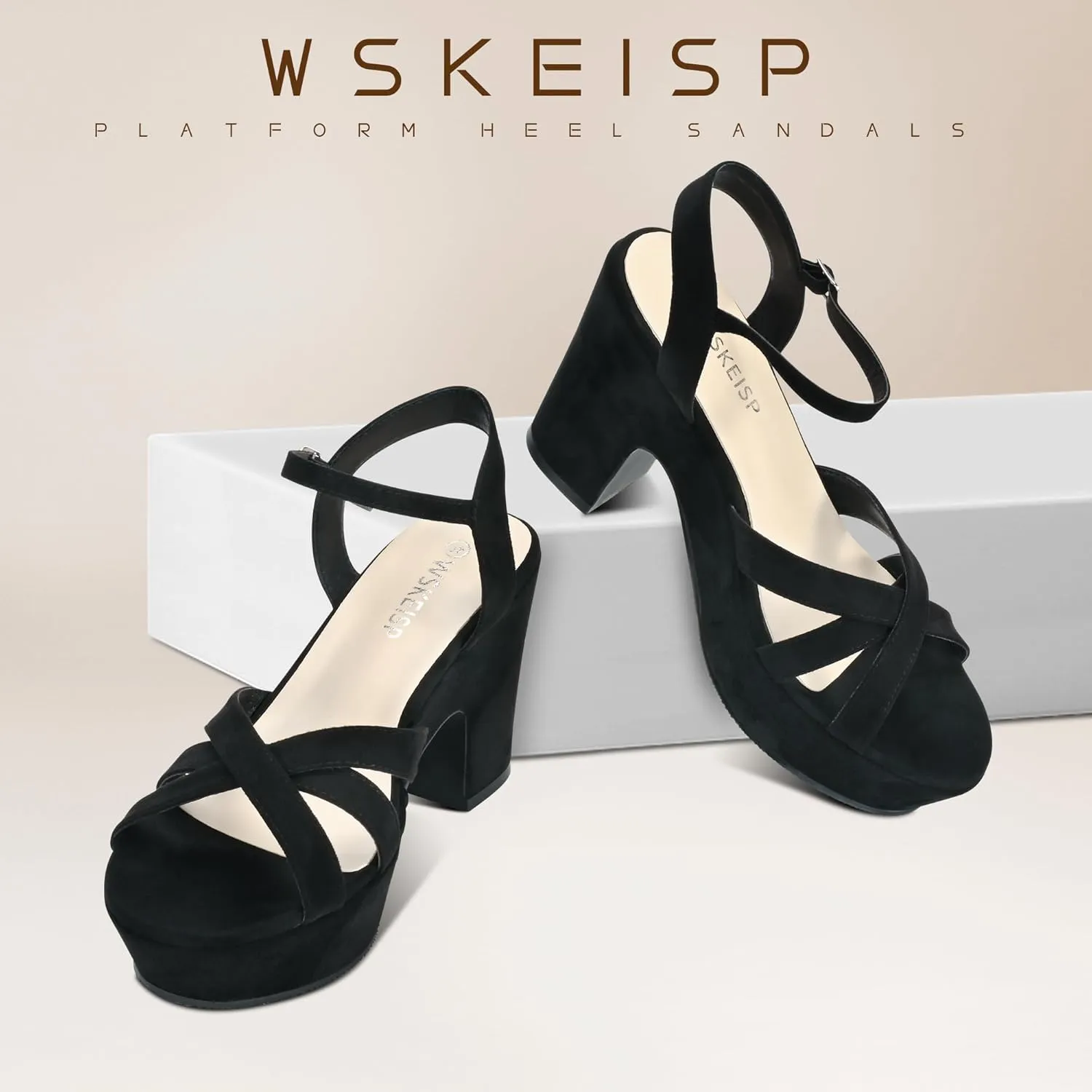 WSKEISP Women's Platform Heels Sandals Ankle Strap Block Chunky Heel Suede Peep Toe Fashion Dress Wedding High Heeled Wedges Pumps