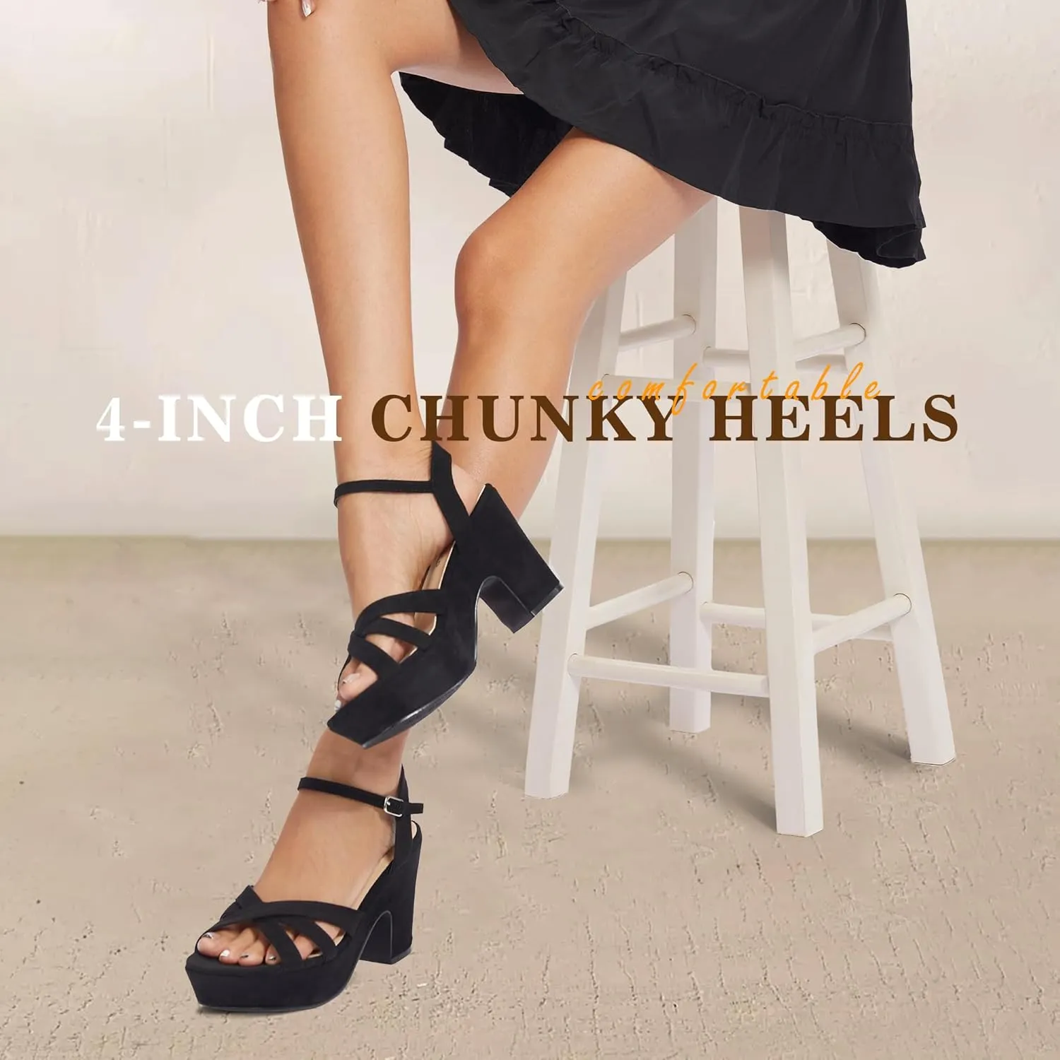 WSKEISP Women's Platform Heels Sandals Ankle Strap Block Chunky Heel Suede Peep Toe Fashion Dress Wedding High Heeled Wedges Pumps