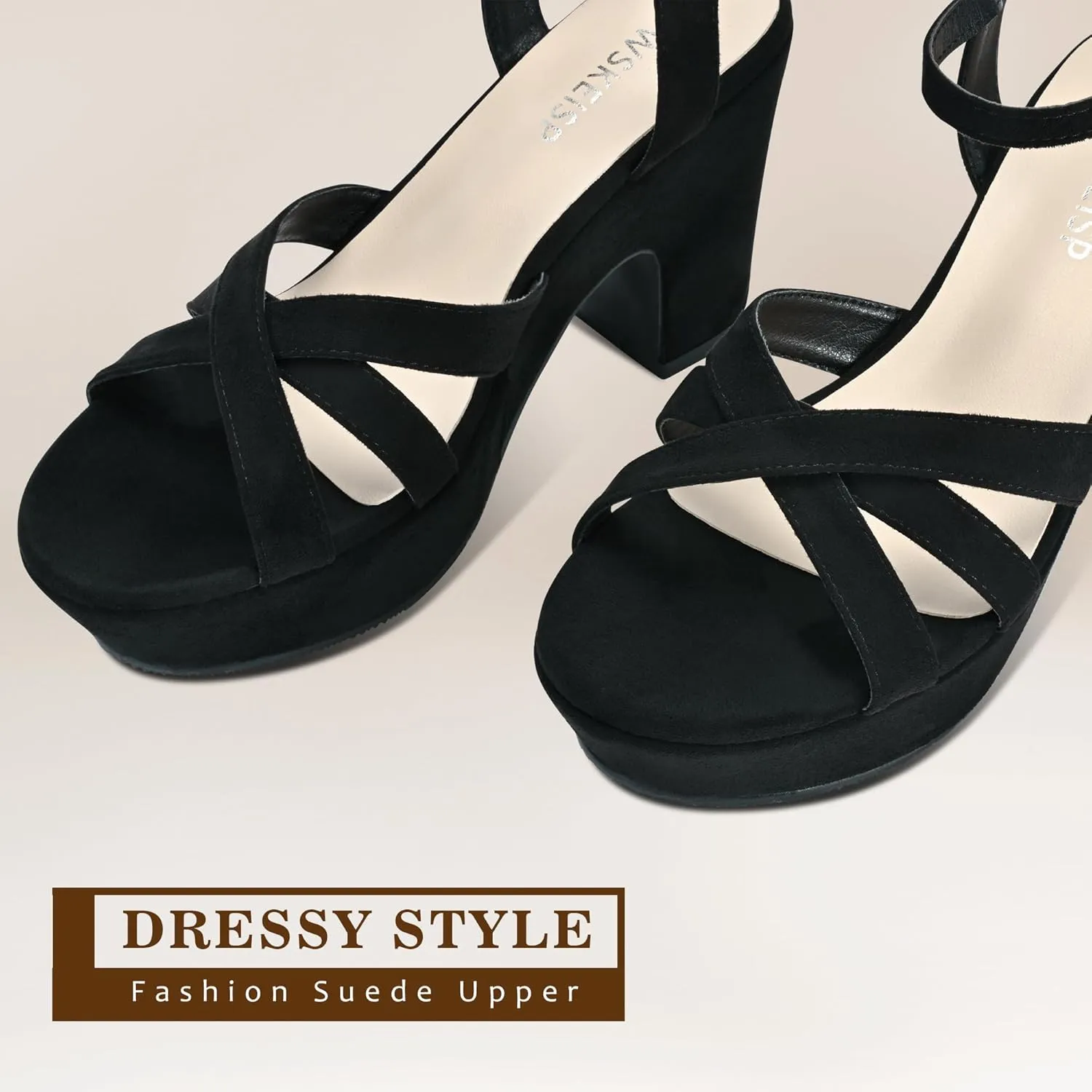 WSKEISP Women's Platform Heels Sandals Ankle Strap Block Chunky Heel Suede Peep Toe Fashion Dress Wedding High Heeled Wedges Pumps