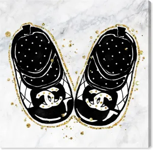 Wynwood Studio Fashion and Glam Contemporary Wrapped Canvas Art - Fashion Baby Shoes, Wall Art for Living Room, Bedroom, and Bathroom, 30 in x 30 in, Black and White Home Decor