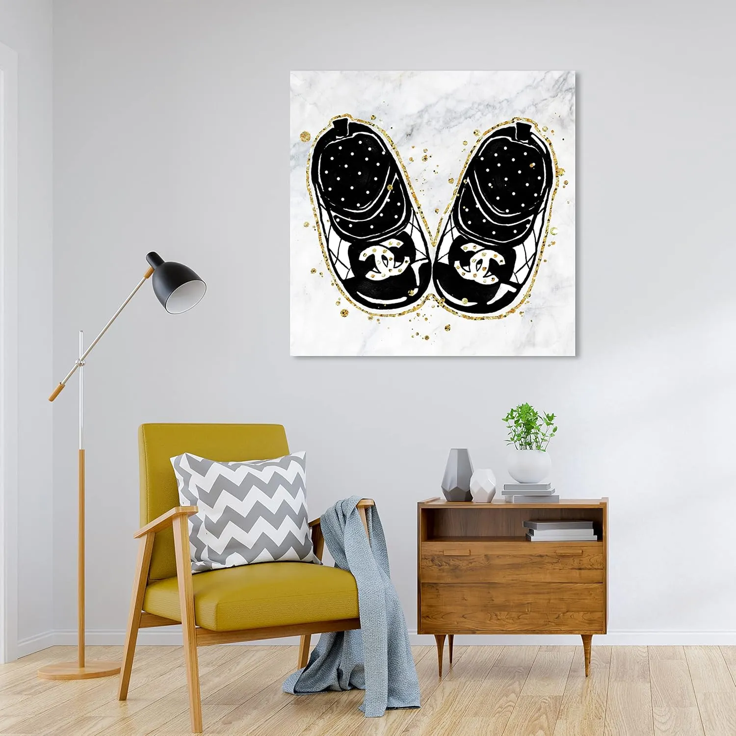 Wynwood Studio Fashion and Glam Contemporary Wrapped Canvas Art - Fashion Baby Shoes, Wall Art for Living Room, Bedroom, and Bathroom, 30 in x 30 in, Black and White Home Decor