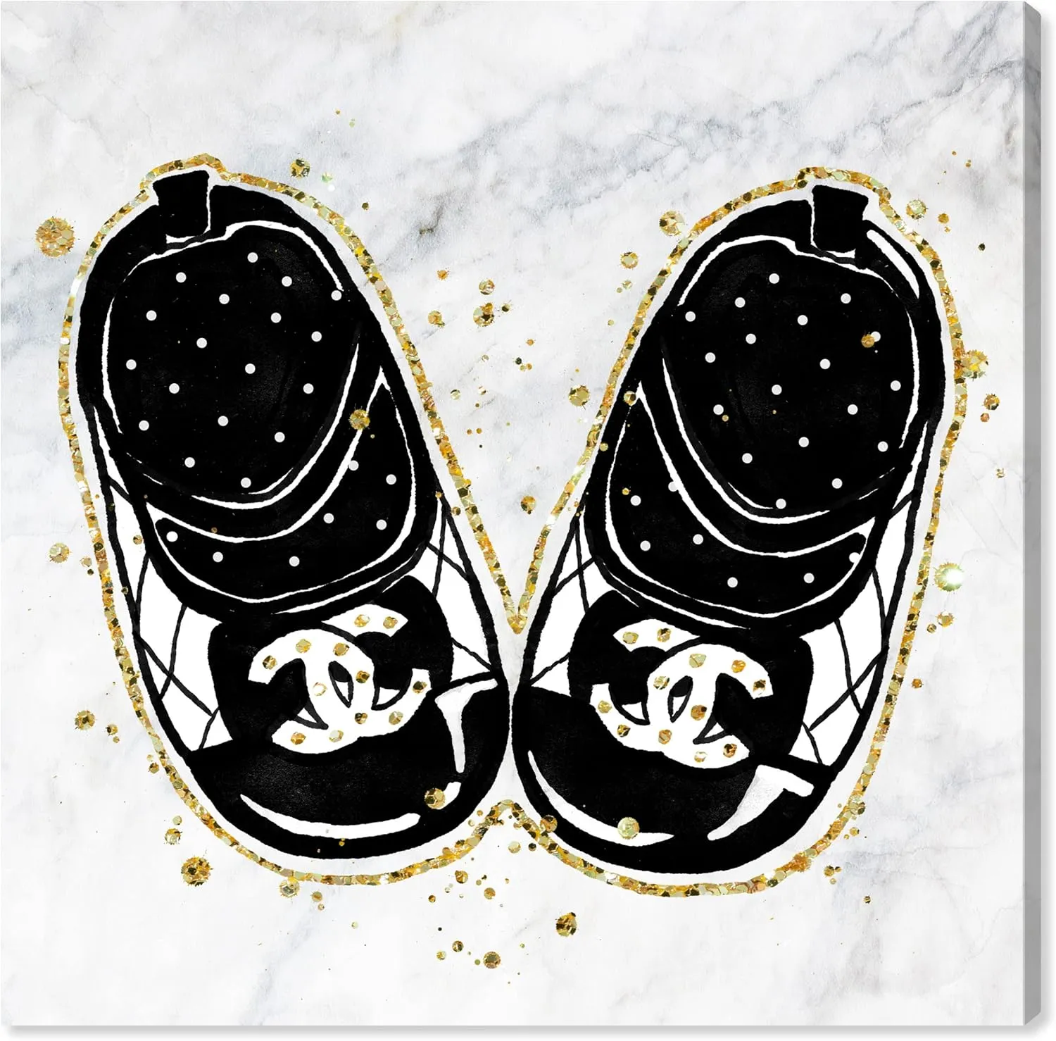 Wynwood Studio Fashion and Glam Contemporary Wrapped Canvas Art - Fashion Baby Shoes, Wall Art for Living Room, Bedroom, and Bathroom, 30 in x 30 in, Black and White Home Decor