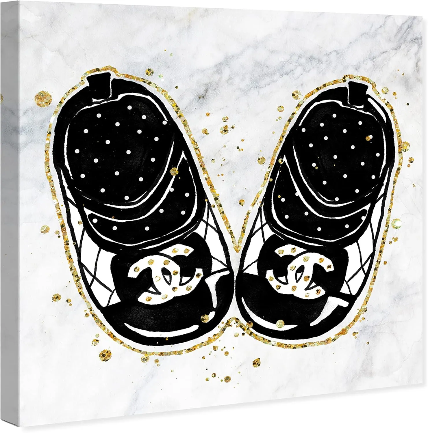 Wynwood Studio Fashion and Glam Contemporary Wrapped Canvas Art - Fashion Baby Shoes, Wall Art for Living Room, Bedroom, and Bathroom, 30 in x 30 in, Black and White Home Decor