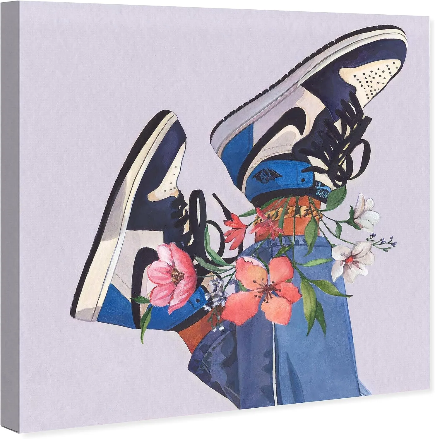 Wynwood Studio Fashion and Glam Modern Canvas Art - Jordans and flowers, Wall Art for Living Room, Bedroom, and Bathroom, 20 in x 20, Blue and Pink Home Decor