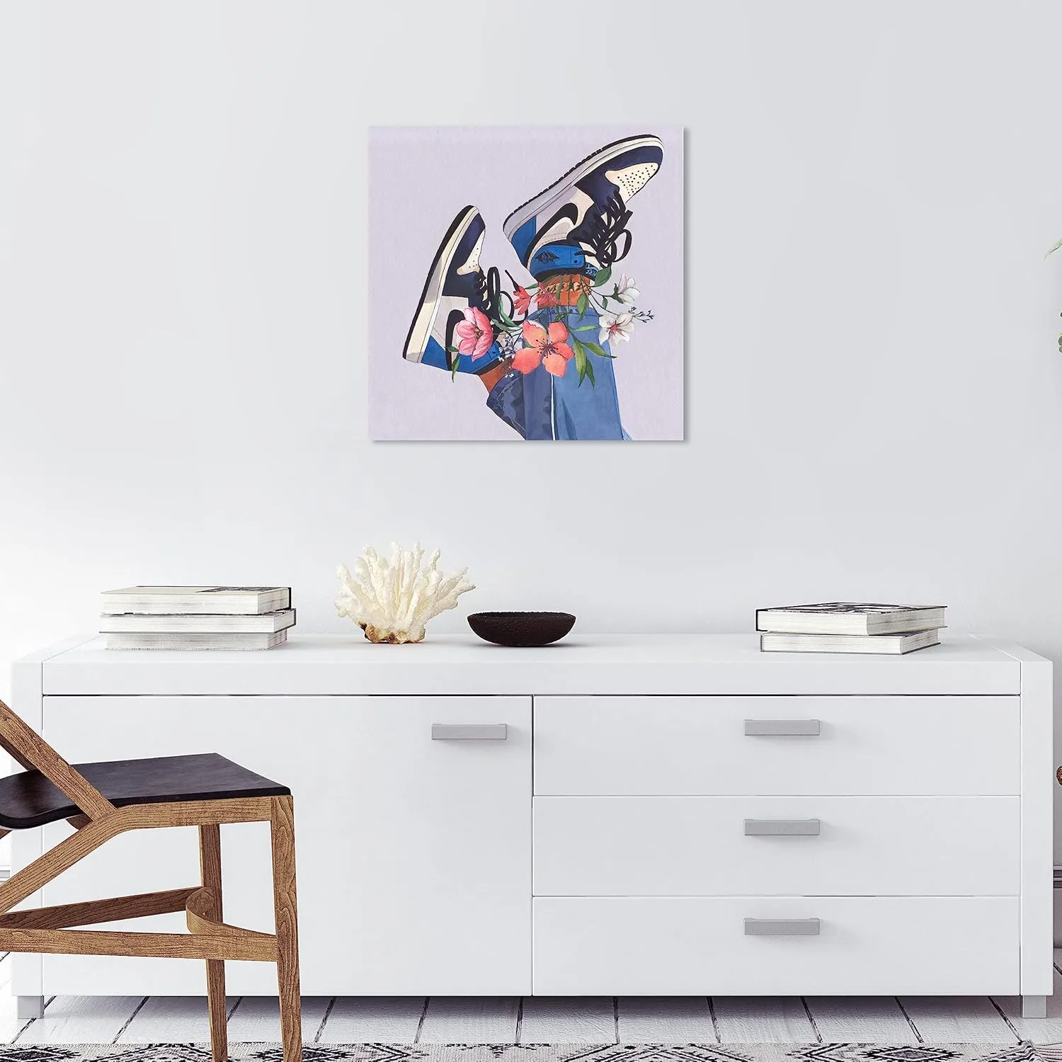Wynwood Studio Fashion and Glam Modern Canvas Art - Jordans and flowers, Wall Art for Living Room, Bedroom, and Bathroom, 20 in x 20, Blue and Pink Home Decor