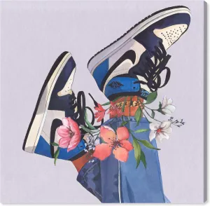 Wynwood Studio Fashion and Glam Modern Canvas Art - Jordans and flowers, Wall Art for Living Room, Bedroom, and Bathroom, 20 in x 20, Blue and Pink Home Decor