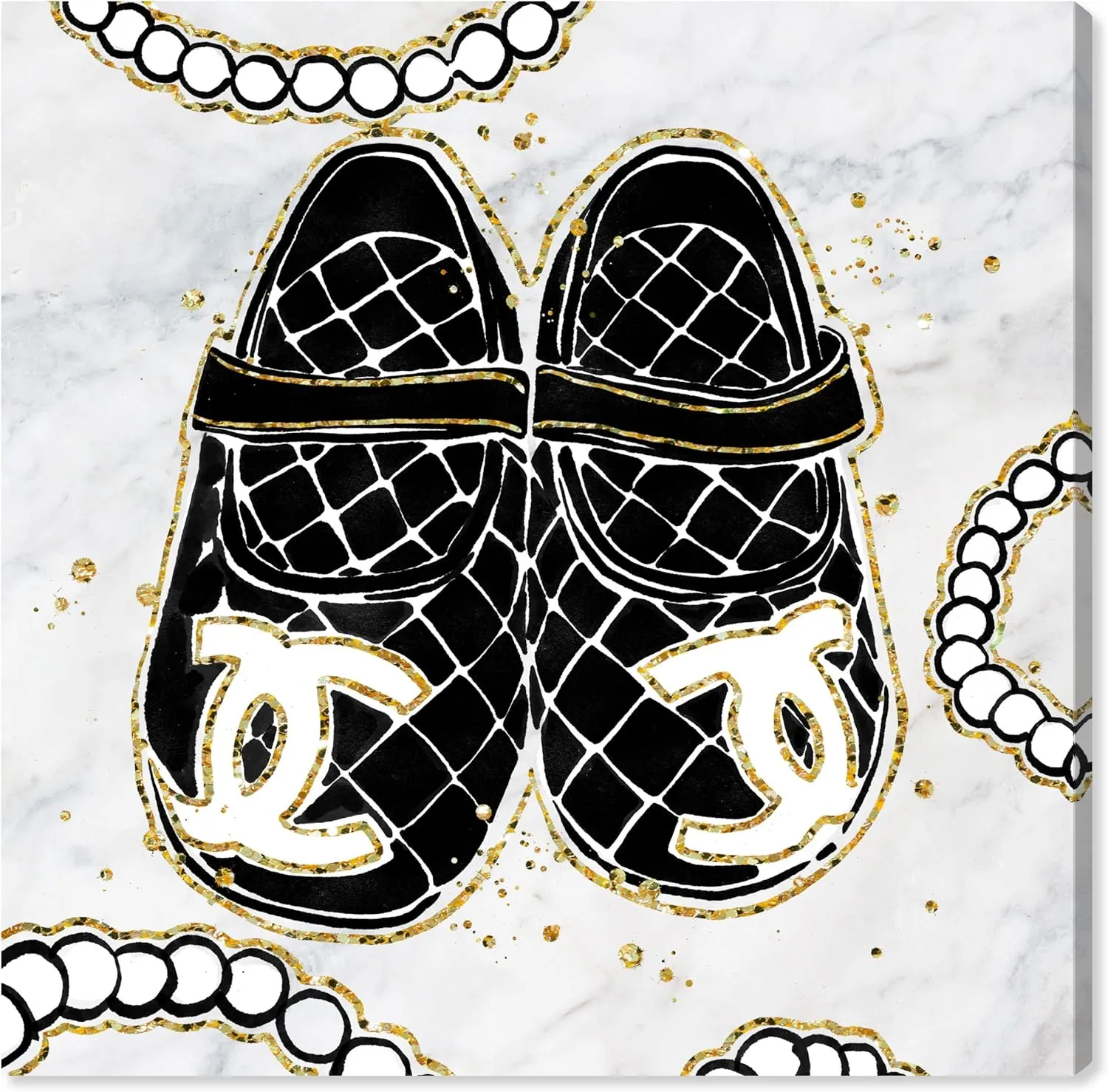 Wynwood Studio Fashion and Glam Modern Wrapped Canvas Art - Her First Shoes, Wall Art for Living Room, Bedroom, and Bathroom, 20 in x 20 in, Black and Gold Home Decor