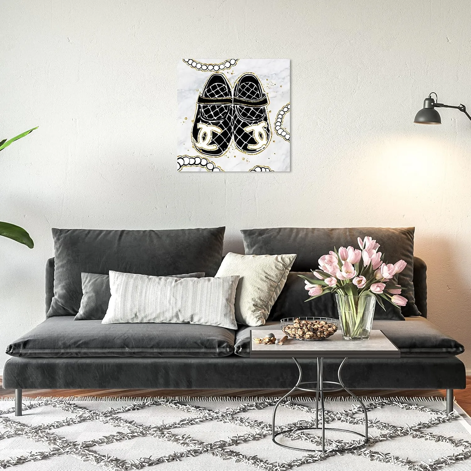 Wynwood Studio Fashion and Glam Modern Wrapped Canvas Art - Her First Shoes, Wall Art for Living Room, Bedroom, and Bathroom, 20 in x 20 in, Black and Gold Home Decor