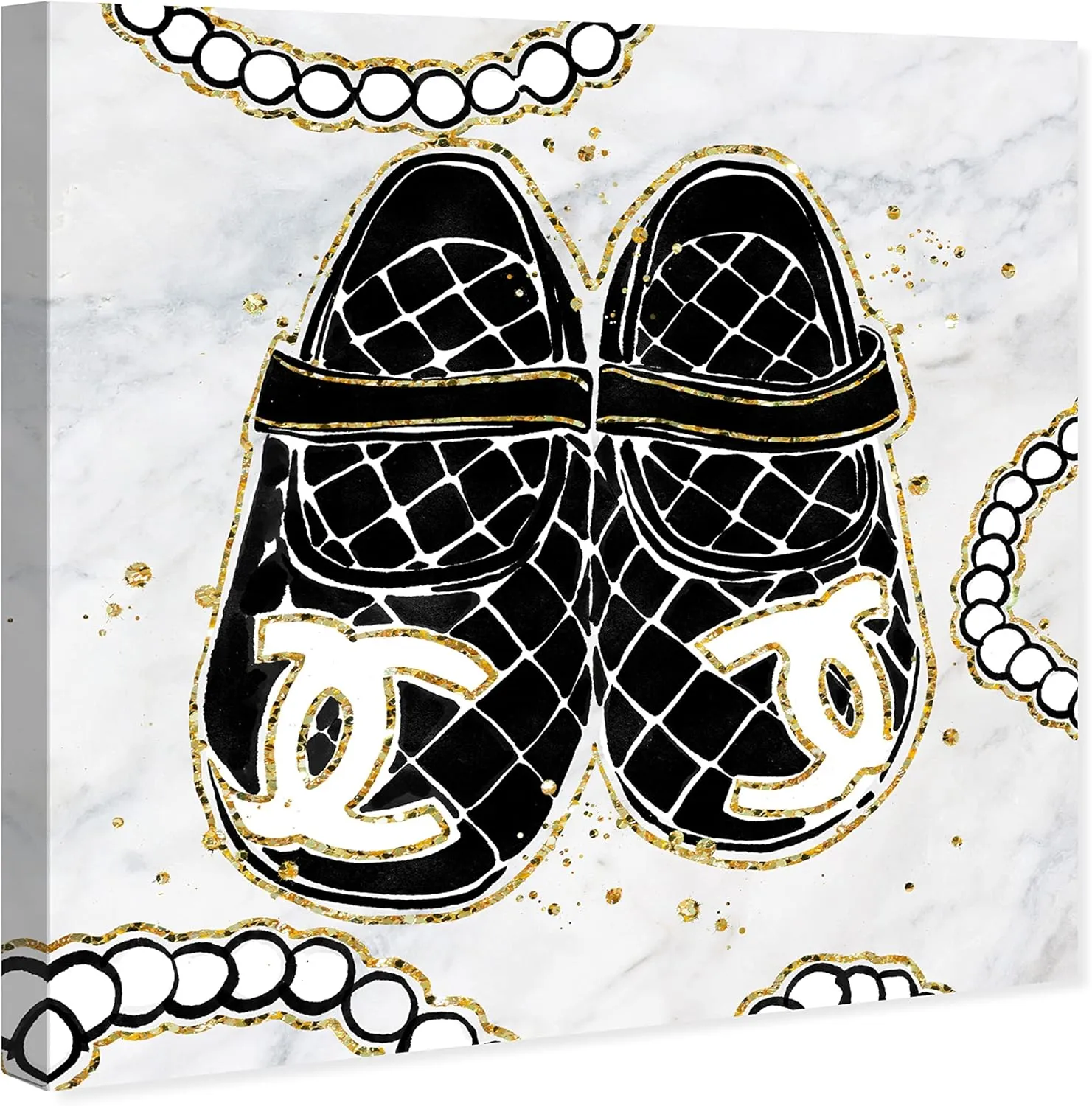 Wynwood Studio Fashion and Glam Modern Wrapped Canvas Art - Her First Shoes, Wall Art for Living Room, Bedroom, and Bathroom, 20 in x 20 in, Black and Gold Home Decor