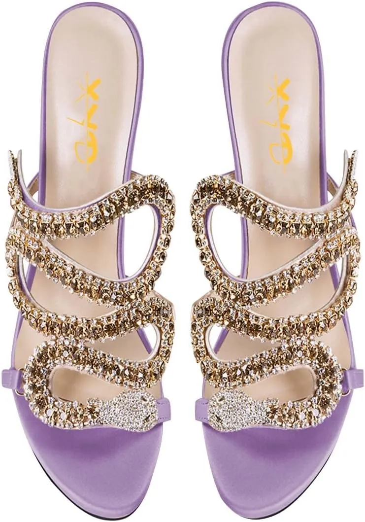 XYD Women Cutout Rhinestones Strappy Slides Mules High Heel Open Toe Backless Slip On Luxurious Dress Prom Party Sandals Shoes