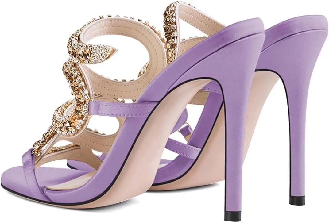 XYD Women Cutout Rhinestones Strappy Slides Mules High Heel Open Toe Backless Slip On Luxurious Dress Prom Party Sandals Shoes