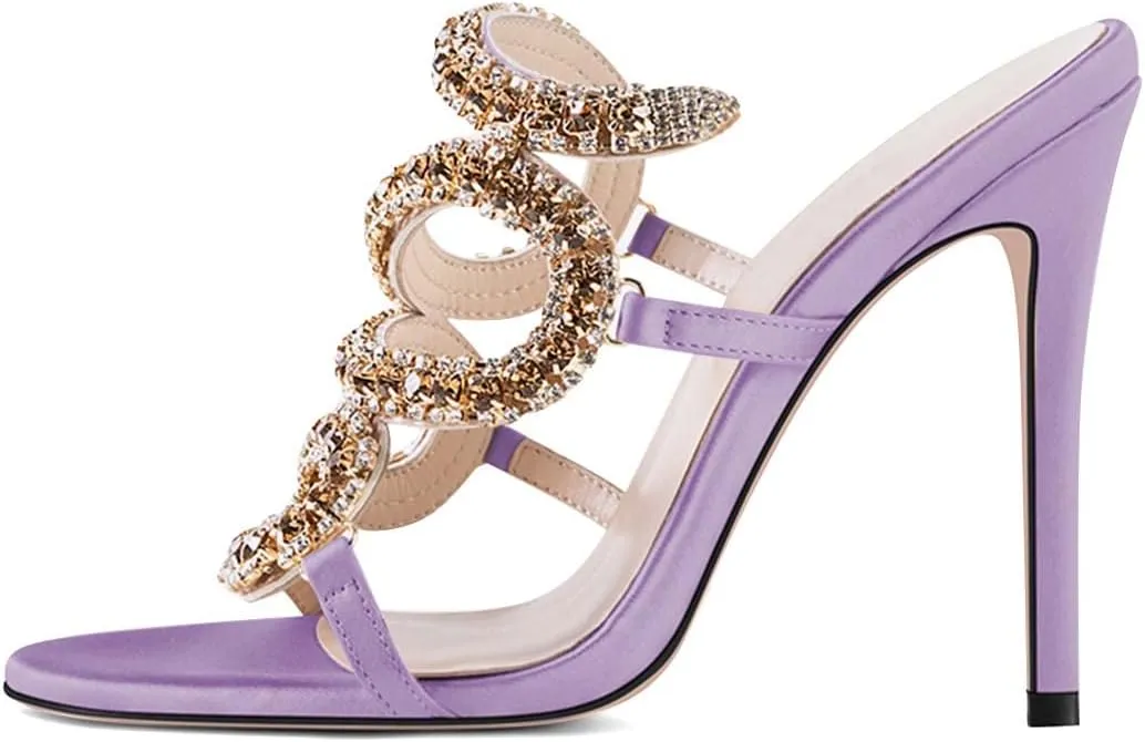 XYD Women Cutout Rhinestones Strappy Slides Mules High Heel Open Toe Backless Slip On Luxurious Dress Prom Party Sandals Shoes