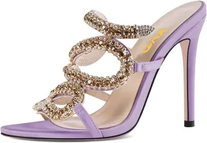 XYD Women Cutout Rhinestones Strappy Slides Mules High Heel Open Toe Backless Slip On Luxurious Dress Prom Party Sandals Shoes