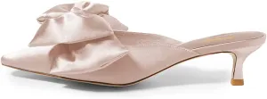 XYD Women Kitten Heel Mules Slip On Dress Sandals with Bows Pointed Toe Low Heel Satin Slippers Wedding Party Casual Shoes