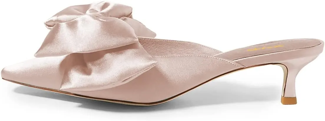 XYD Women Kitten Heel Mules Slip On Dress Sandals with Bows Pointed Toe Low Heel Satin Slippers Wedding Party Casual Shoes