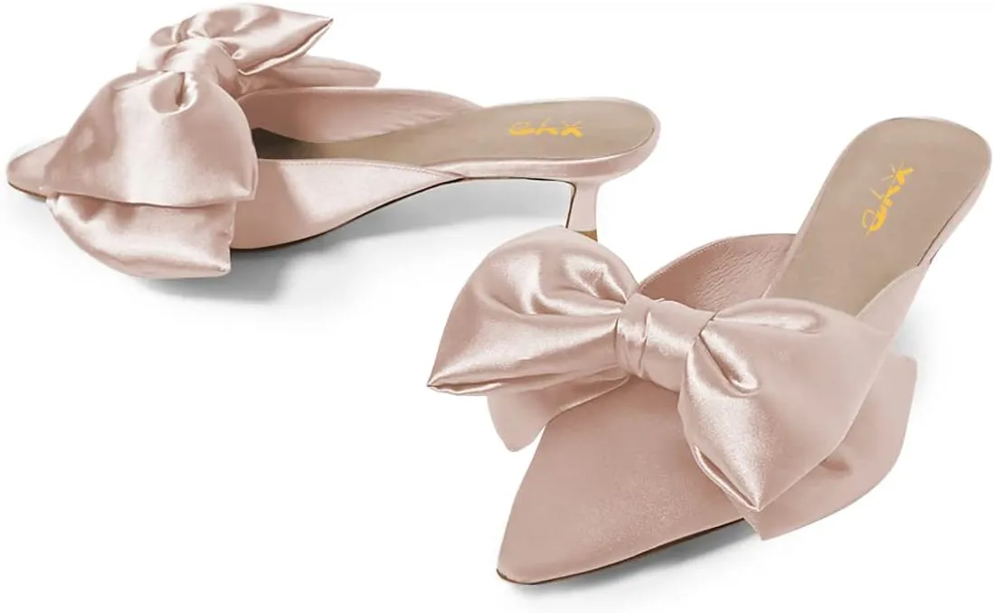 XYD Women Kitten Heel Mules Slip On Dress Sandals with Bows Pointed Toe Low Heel Satin Slippers Wedding Party Casual Shoes